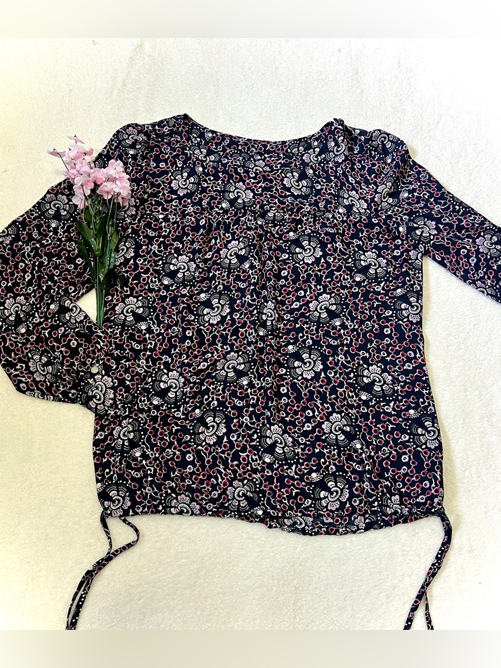 LOFT Floral Pink & Navy Boho Long Sleeve Blouse - Small